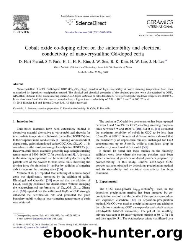 Cobalt oxide co-doping effect on the sinterability and electrical conductivity of nano-crystalline Gd-doped ceria by D. Hari Prasad