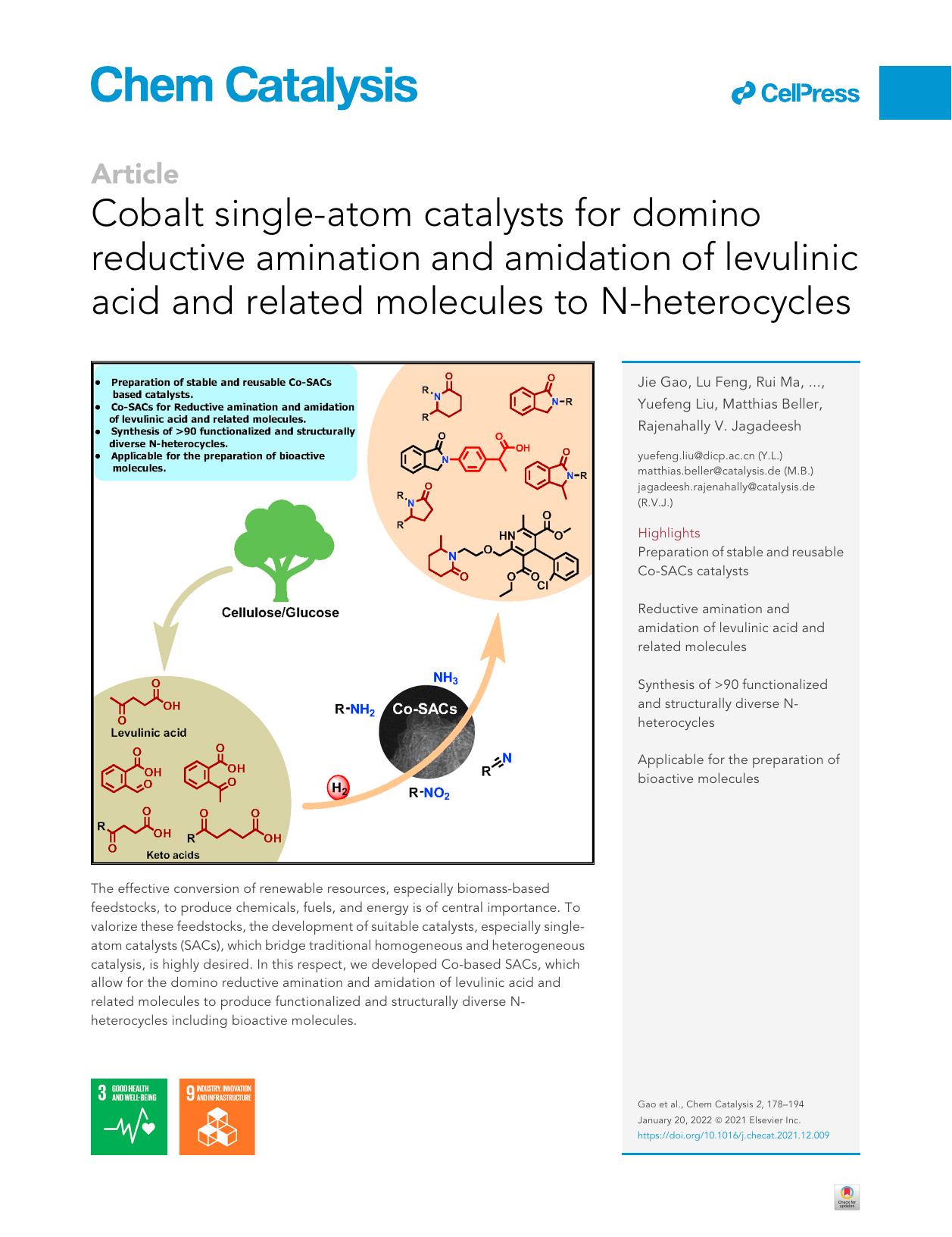 Cobalt single-atom catalysts for domino reductive amination and amidation of levulinic acid and related molecules to N-heterocycles by unknow