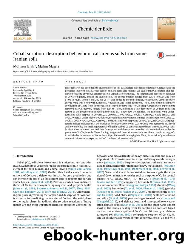 Cobalt sorptionâdesorption behavior of calcareous soils from some Iranian soils by Mohsen Jalali