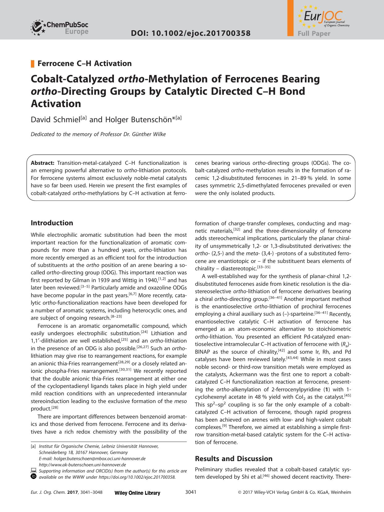 Cobalt&#x02010;Catalyzed <i>ortho<i>&#x02010;Methylation of Ferrocenes Bearing <i>ortho<i>&#x02010;Directing Groups by Catalytic Directed C&#x02013;H Bond Activation by Unknown
