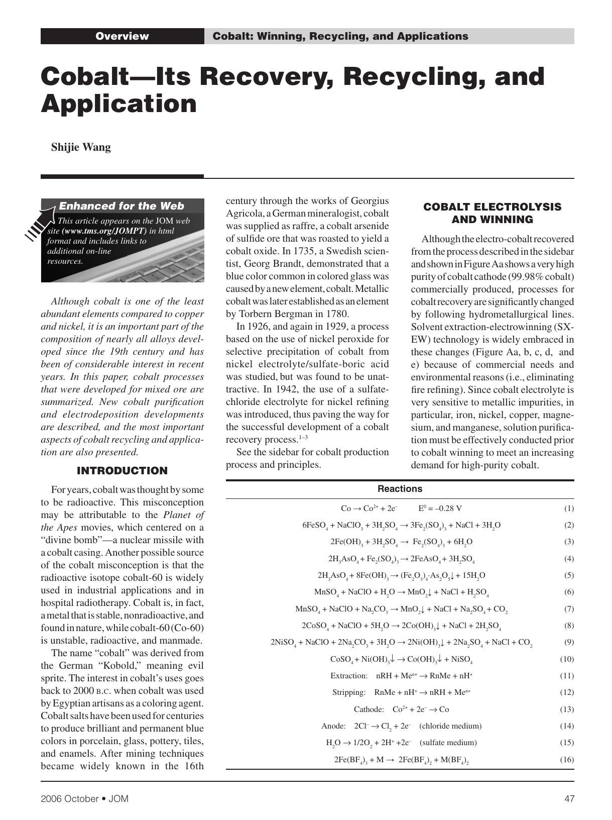 Cobalt&#x2014;Its recovery, recycling, and application by Unknown