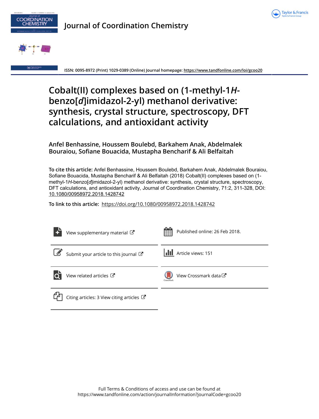 Cobalt(II) complexes based on (1-methyl-1H-benzo[d]imidazol-2-yl) methanol derivative: synthesis, crystal structure, spectroscopy, DFT calculations, and antioxidant activity by unknow
