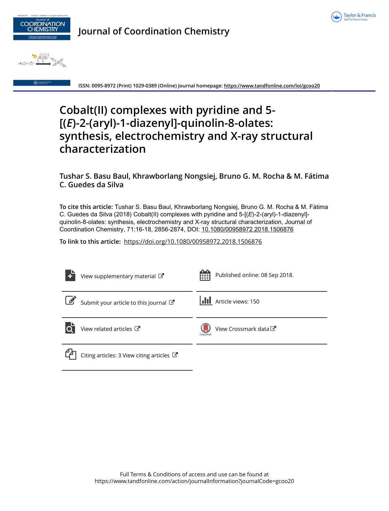 Cobalt(II) complexes with pyridine and 5-[(E)-2-(aryl)-1-diazenyl]-quinolin-8-olates: synthesis, electrochemistry and X-ray structural characterization by Basu Baul Tushar S. & Nongsiej Khrawborlang & Rocha Bruno G. M. & Guedes da Silva M. Fátima C
