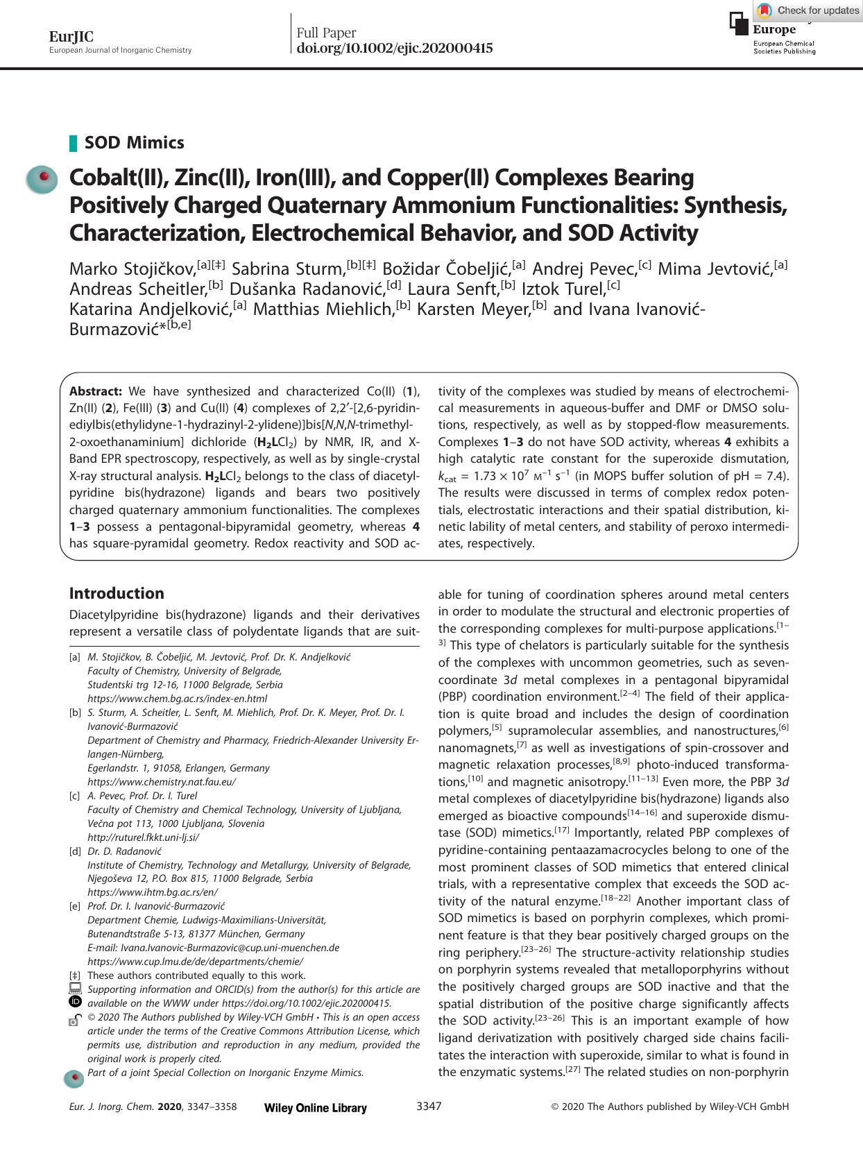 Cobalt(II), Zinc(II), Iron(III), and Copper(II) Complexes Bearing Positively Charged Quaternary Ammonium Functionalities: Synthesis, Characterization, Electrochemical Behavior, and SOD Activity by Unknown