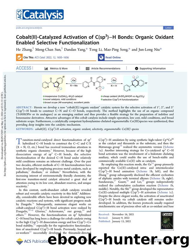 Cobalt(II)-Catalyzed Activation of C(sp3)âH Bonds: Organic Oxidant Enabled Selective Functionalization by He Zhang Meng-Chan Sun Dandan Yang Tong Li Mao-Ping Song & Jun-Long Niu