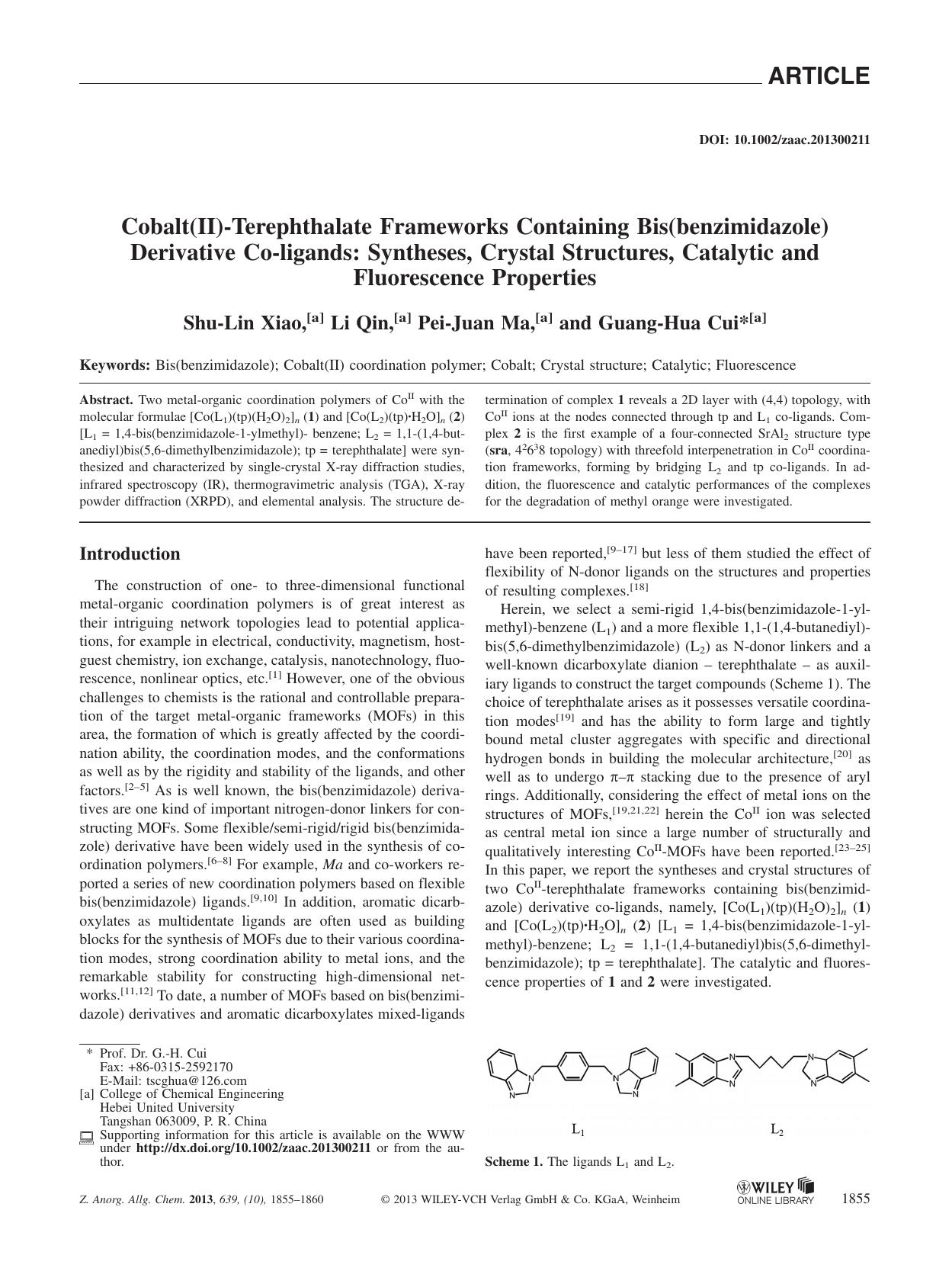 Cobalt(II)Terephthalate Frameworks Containing Bis(benzimidazole) Derivative Coligands: Syntheses, Crystal Structures, Catalytic and Fluorescence Properties by Unknown