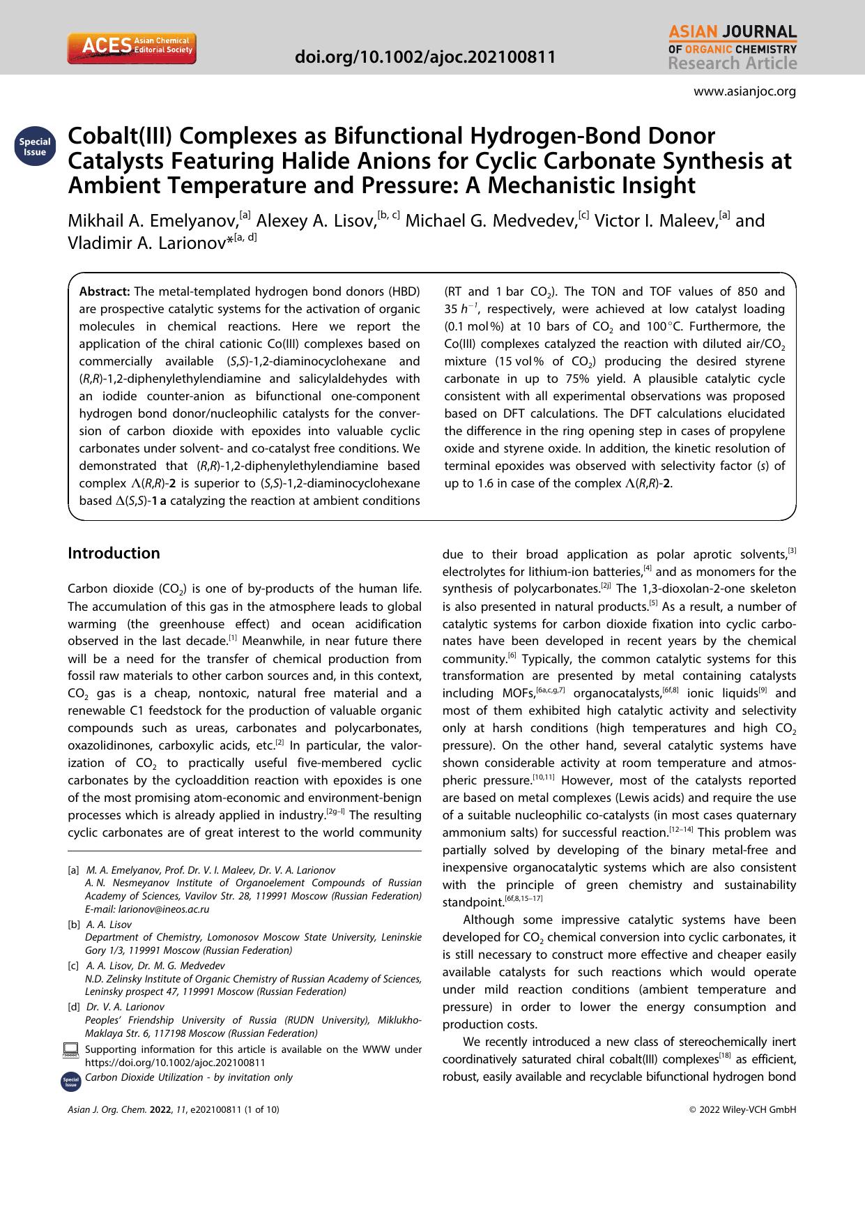 Cobalt(III) Complexes as Bifunctional HydrogenâBond Donor Catalysts Featuring Halide Anions for Cyclic Carbonate Synthesis at Ambient Temperature and Pressure: A Mechanistic Insight by Unknown