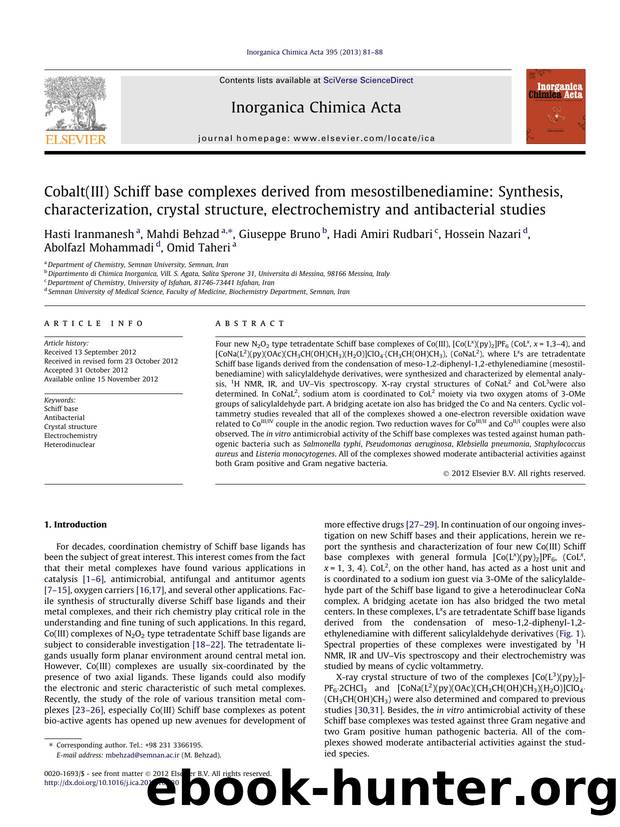 Cobalt(III) Schiff base complexes derived from mesostilbenediamine: Synthesis, characterization, crystal structure, electrochemistry and antibacterial studies by unknow