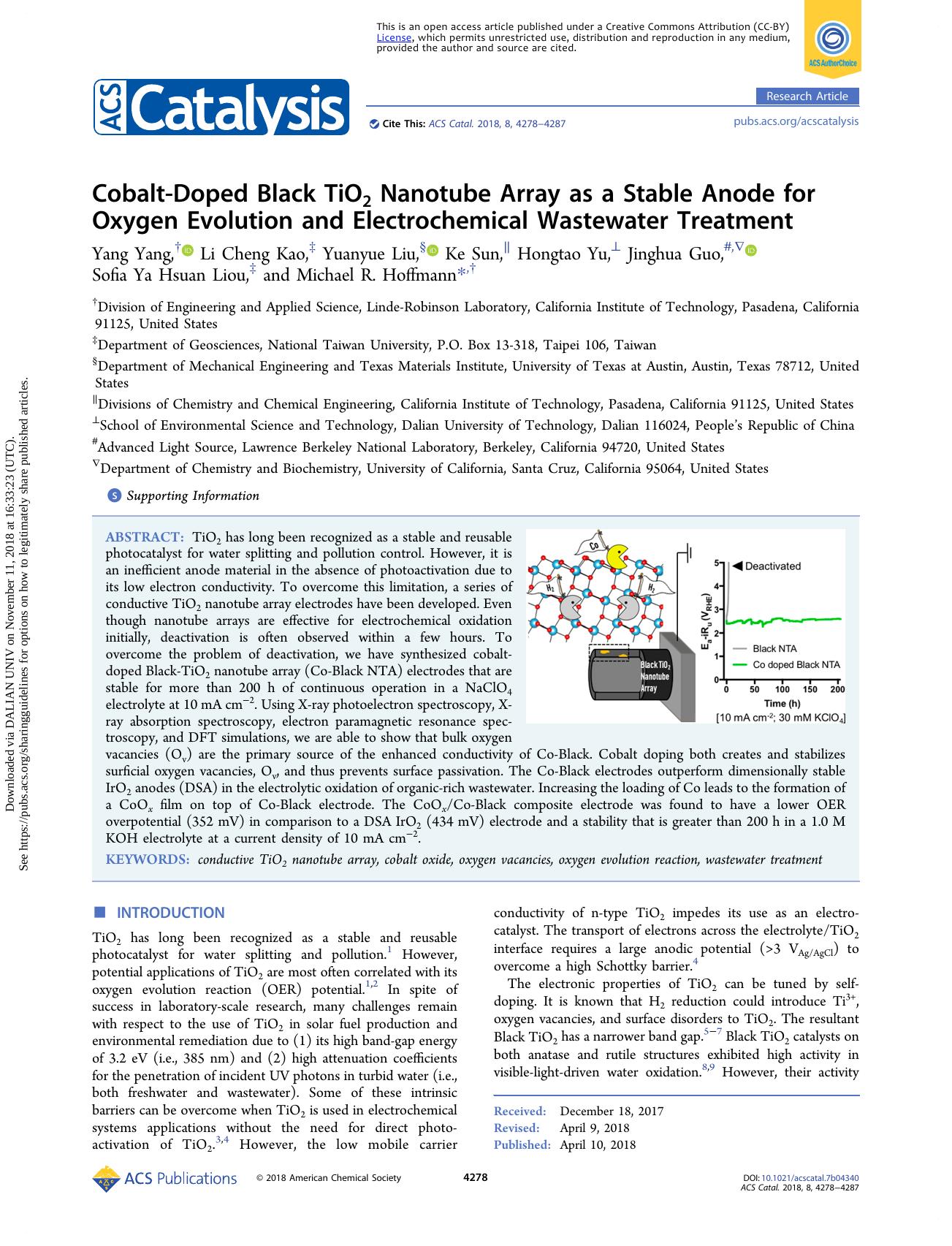 Cobalt-Doped Black TiO2 Nanotube Array as a Stable Anode for Oxygen Evolution and Electrochemical Wastewater Treatment by unknow