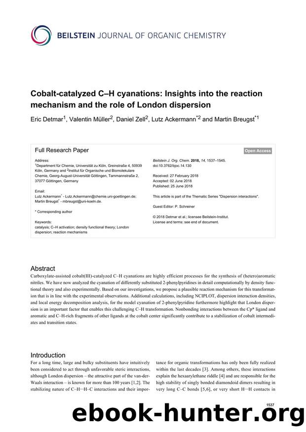 Cobalt-catalyzed CâH cyanations: Insights into the reaction mechanism and the role of London dispersion by Eric Detmar Valentin Müller Daniel Zell Lutz Ackermann Martin Breugst