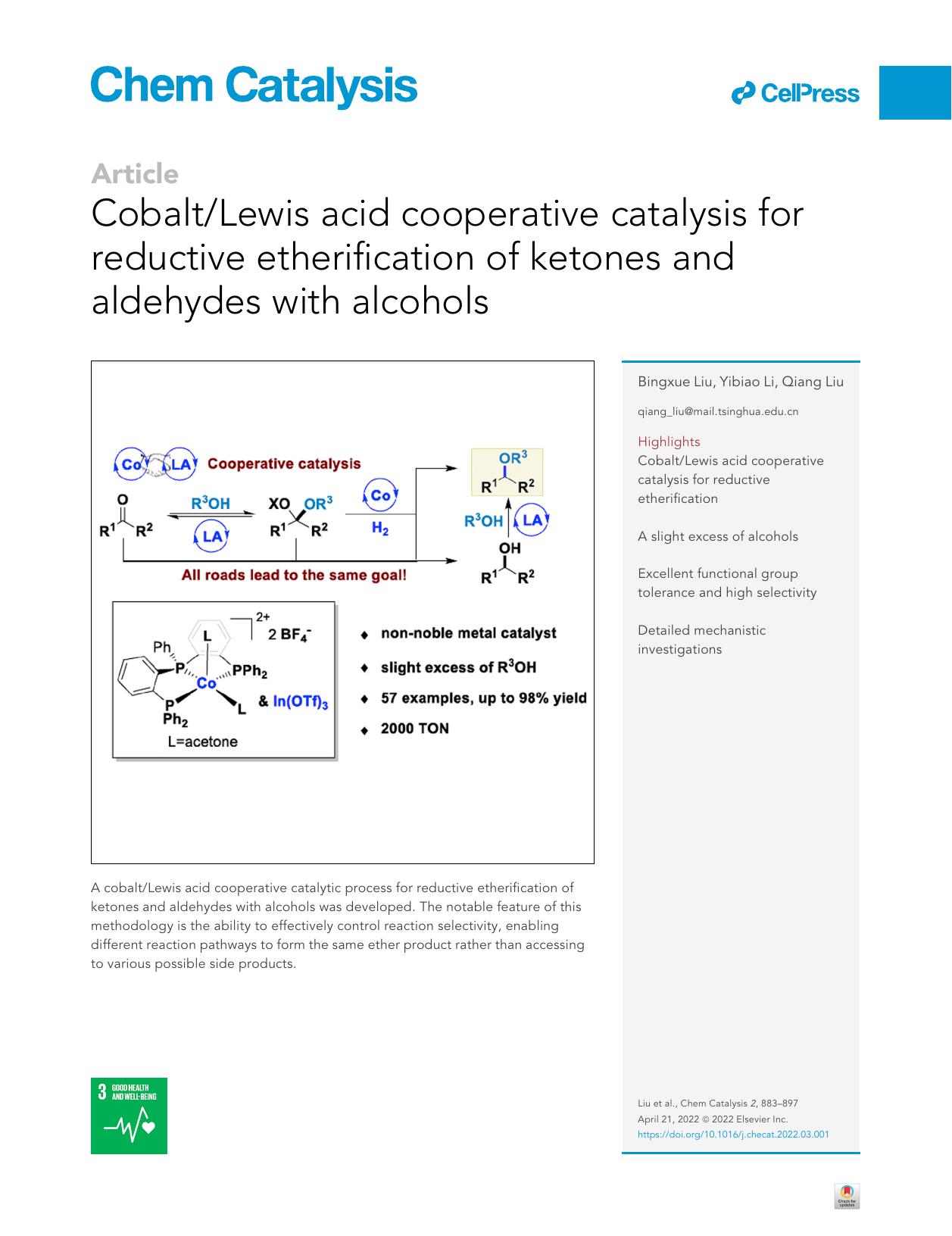 CobaltLewis acid cooperative catalysis for reductive etherification of ketones and aldehydes with alcohols by Bingxue Liu & Yibiao Li & Qiang Liu