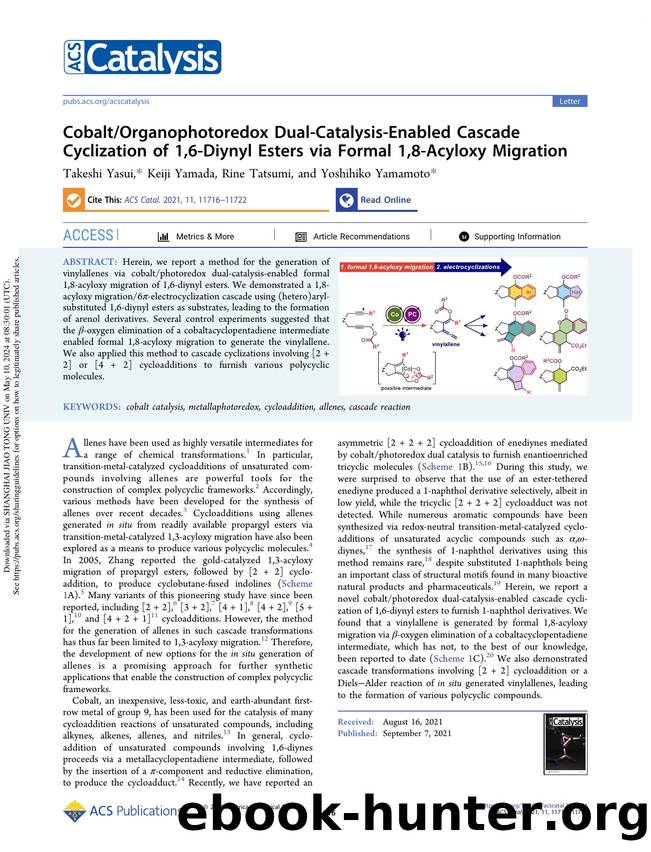 CobaltOrganophotoredox Dual-Catalysis-Enabled Cascade Cyclization of 1,6-Diynyl Esters via Formal 1,8-Acyloxy Migration by Takeshi Yasui Keiji Yamada Rine Tatsumi & Yoshihiko Yamamoto