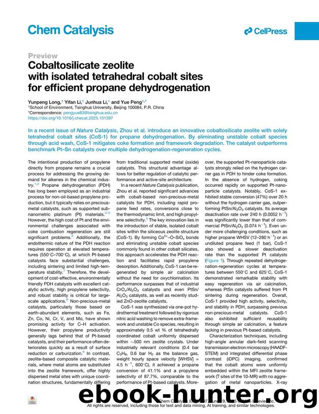 Cobaltosilicate zeolite with isolated tetrahedral cobalt sites for efficient propane dehydrogenation by Yunpeng Long & Yifan Li & Junhua Li & Yue Peng