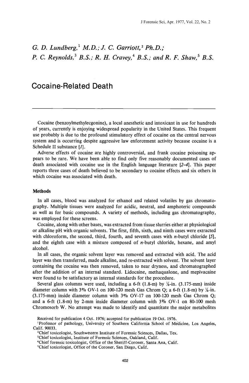 Cocaine-Related Death by Lundberg GD Garriott JC Reynolds PC Cravey RH Shaw RF