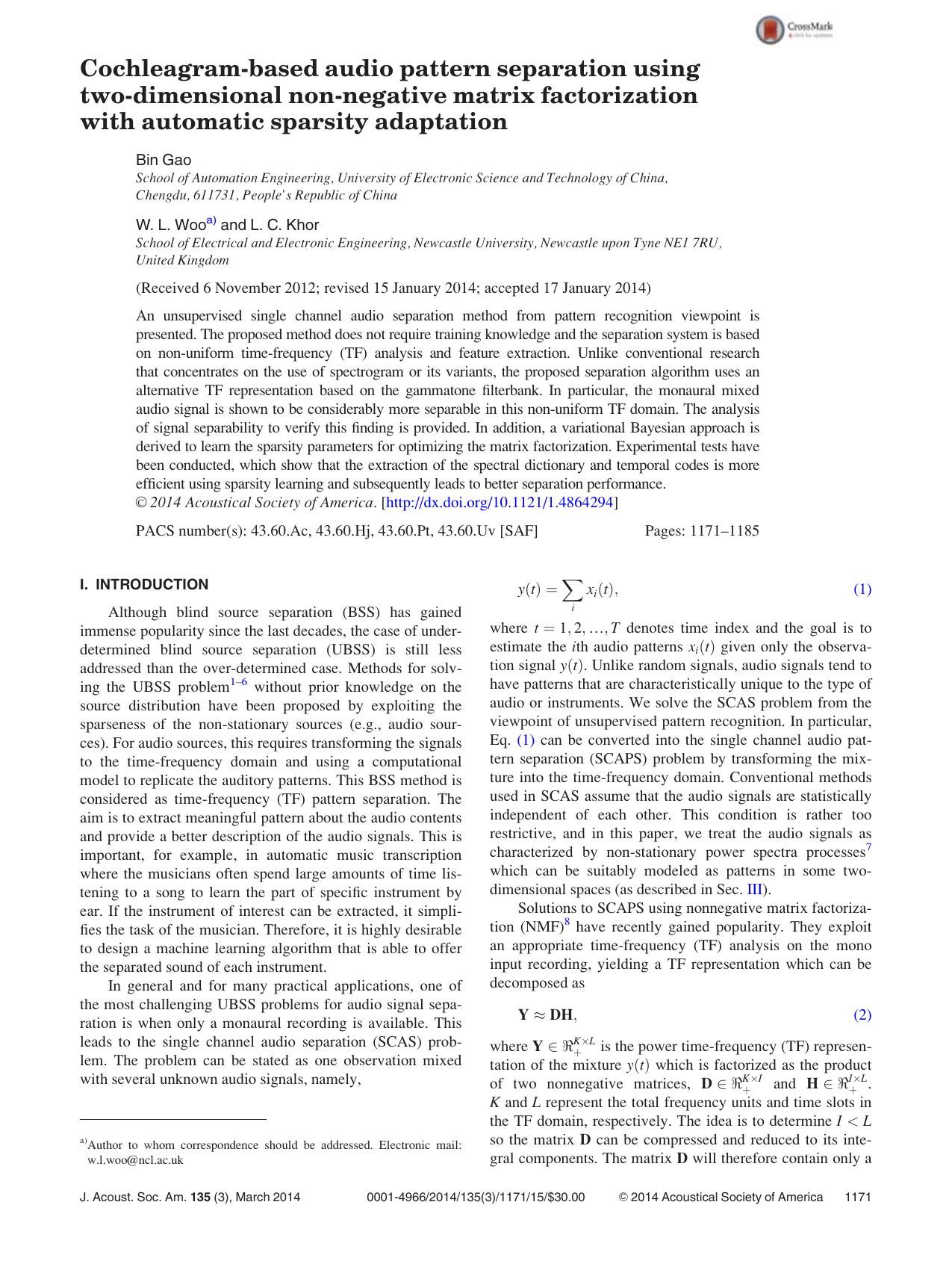 Cochleagram-based audio pattern separation using two-dimensional non-negative matrix factorization with automatic sparsity adaptation by Bin Gao W. L. Wooa) and L. C. Khor