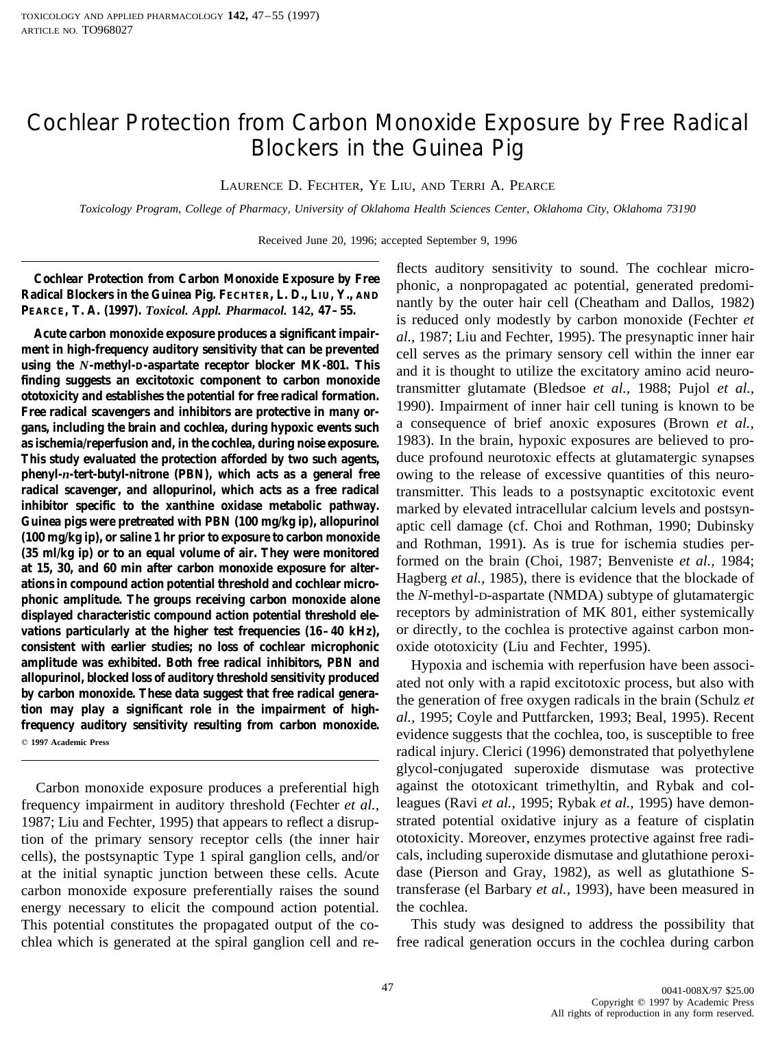 Cochlear Protection from Carbon Monoxide Exposure by Free Radical Blockers in the Guinea Pig by Fechter L. D. et al