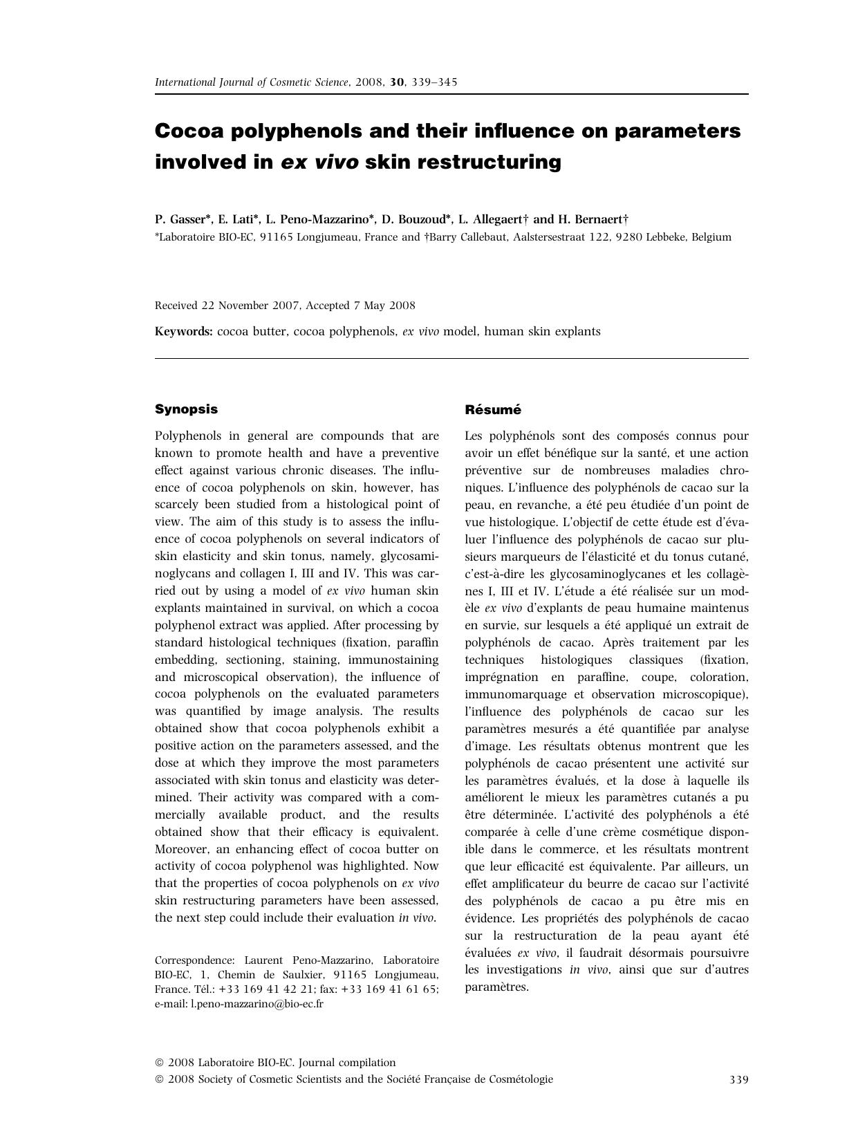 Cocoa polyphenols and their influence on parameters involved in ex vivo skin restructuring by Unknown