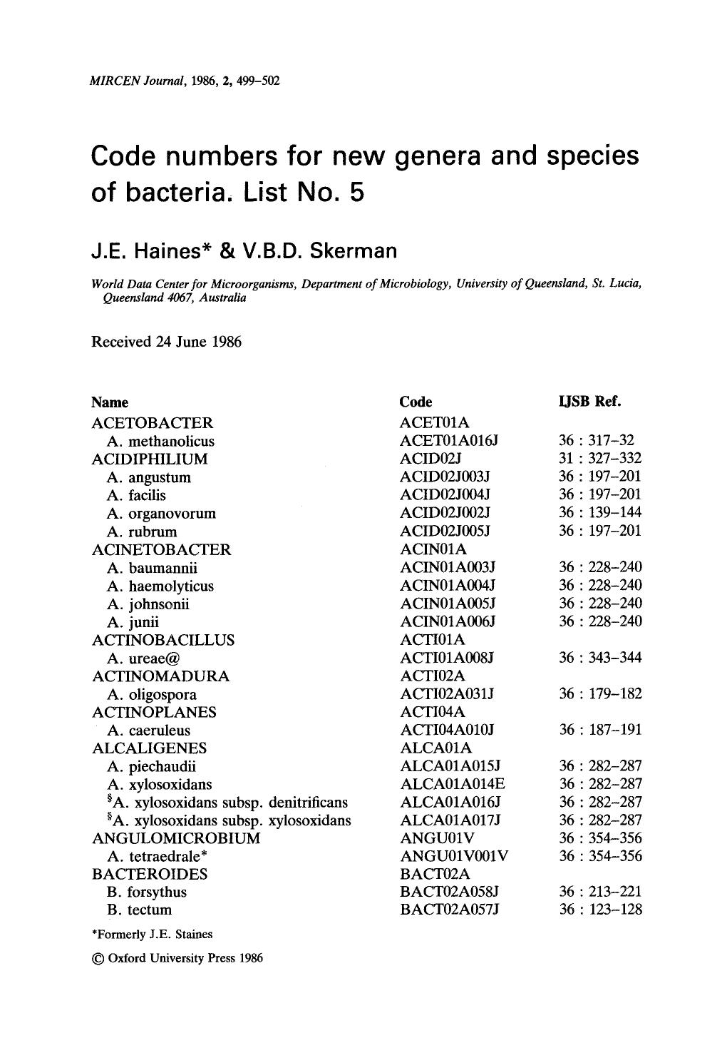 Code number for new genera and species of bacteria. List No. 5 by Unknown