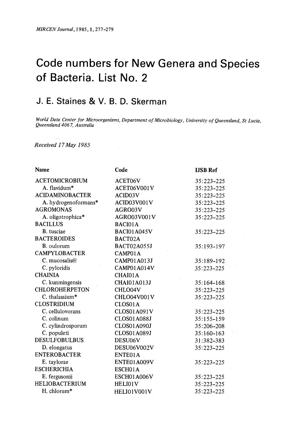 Code numbers for new genera and species of bacteria. List No. 2 by Unknown
