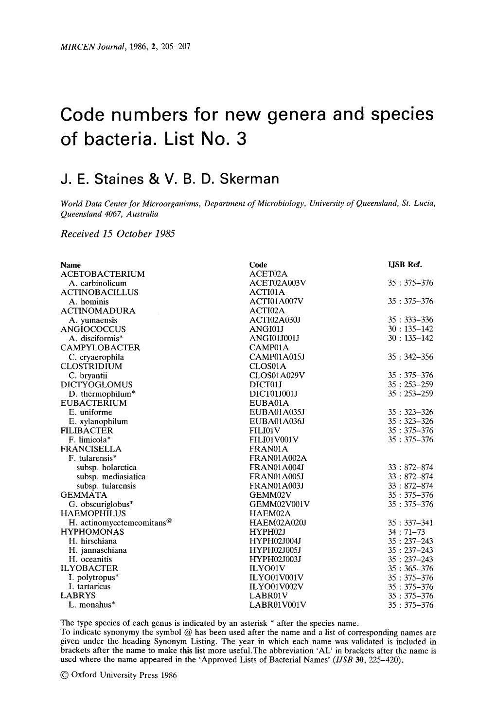 Code numbers for new genera and species of bacteria. List No. 3 by Unknown