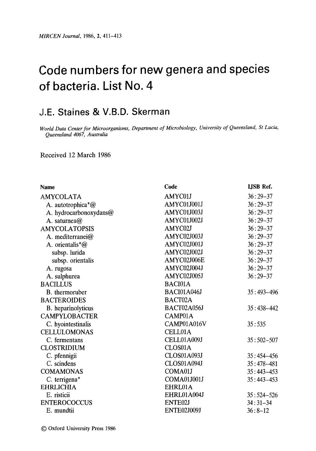 Code numbers for new genera and species of bacteria. List No. 4 by Unknown