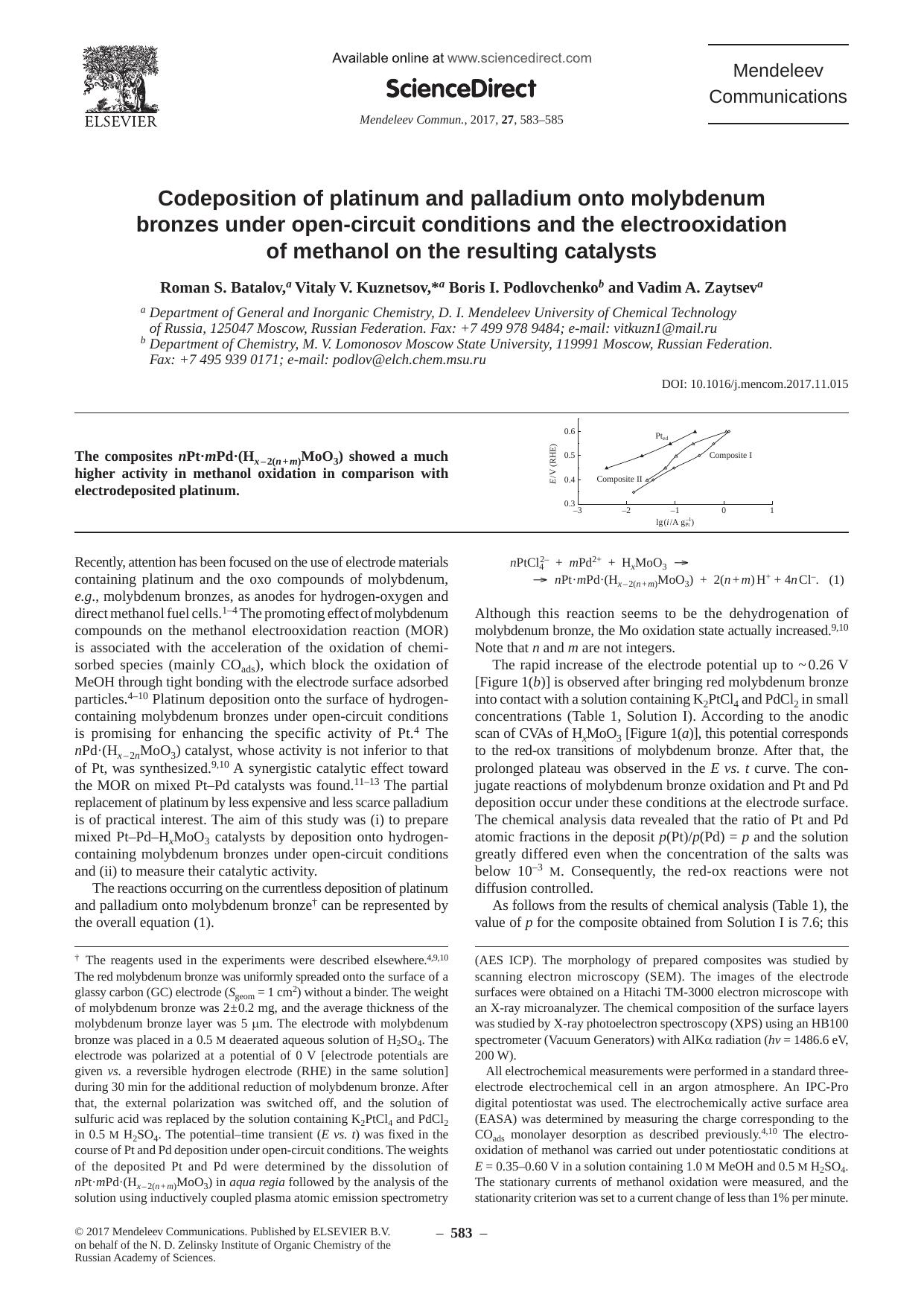 Codeposition of platinum and palladium onto molybdenum bronzes under open-circuit conditions and the electrooxidation of methanol on the resulting catalysts by Roman S. Batalov & Vitaly V. Kuznetsov & Boris I. Podlovchenko & Vadim A. Zaytsev
