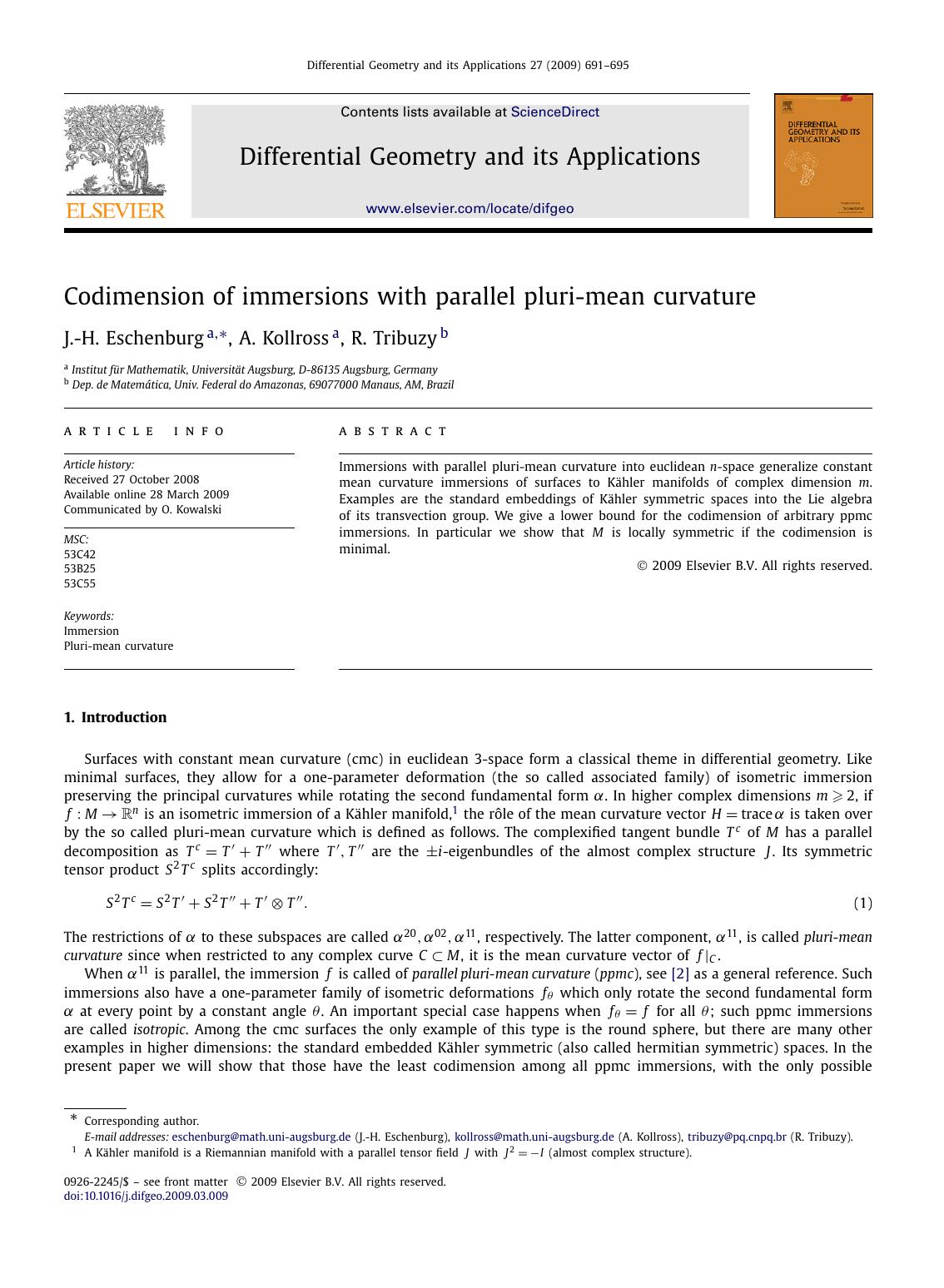 Codimension of immersions with parallel pluri-mean curvature by J.-H. Eschenburg; A. Kollross; R. Tribuzy