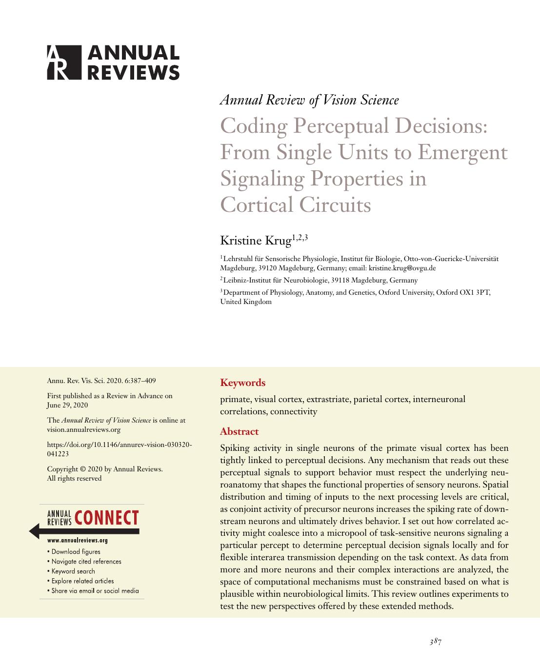 Coding Perceptual Decisions: From Single Units to Emergent Signaling Properties in Cortical Circuits by Kristine Krug