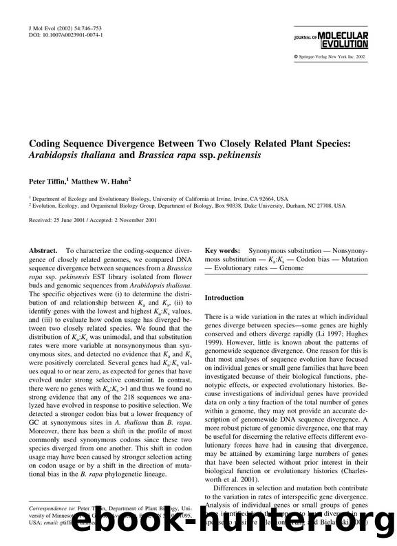 Coding Sequence Divergence Between Two Closely Related Plant Species: Arabidopsis thaliana and Brassica rapa ssp. pekinensis by Tiffin P. et al