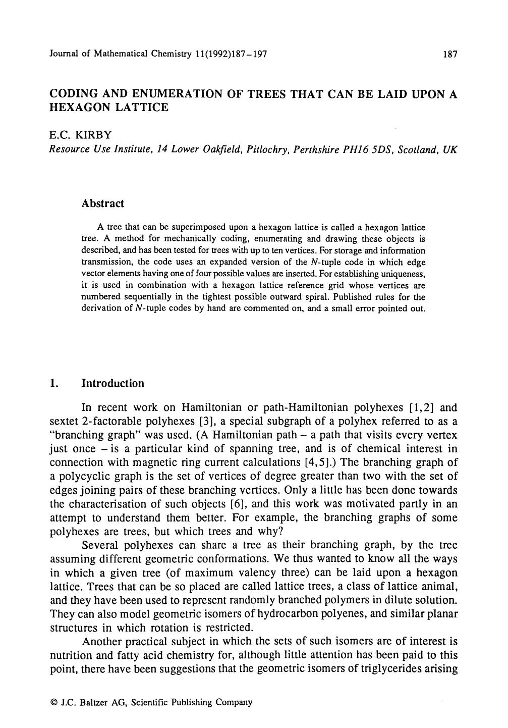 Coding and enumeration of trees that can be laid upon a hexagon lattice by Unknown