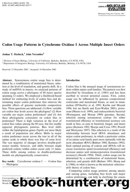 Codon Usage Patterns in Cytochrome Oxidase I Across Multiple Insect Orders by Herbeck J.T. et al