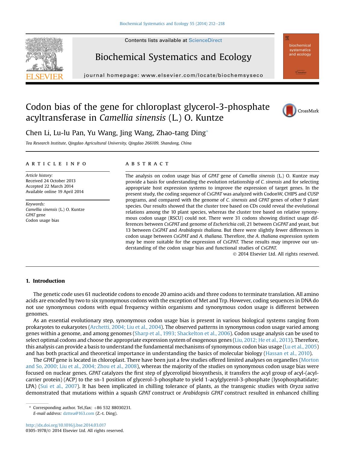 Codon bias of the gene for chloroplast glycerol-3-phosphate acyltransferase in Camellia sinensis (L.) O. Kuntze by Chen Li & Lu-lu Pan & Yu Wang & Jing Wang & Zhao-tang Ding