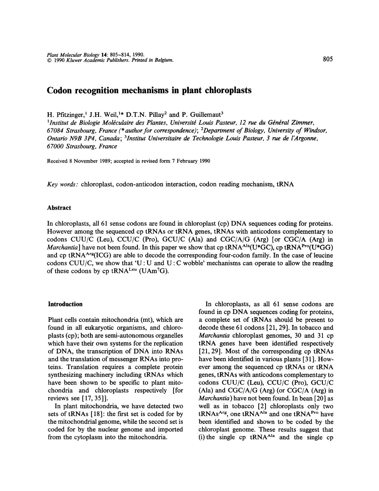 Codon recognition mechanisms in plant chloroplasts by Unknown