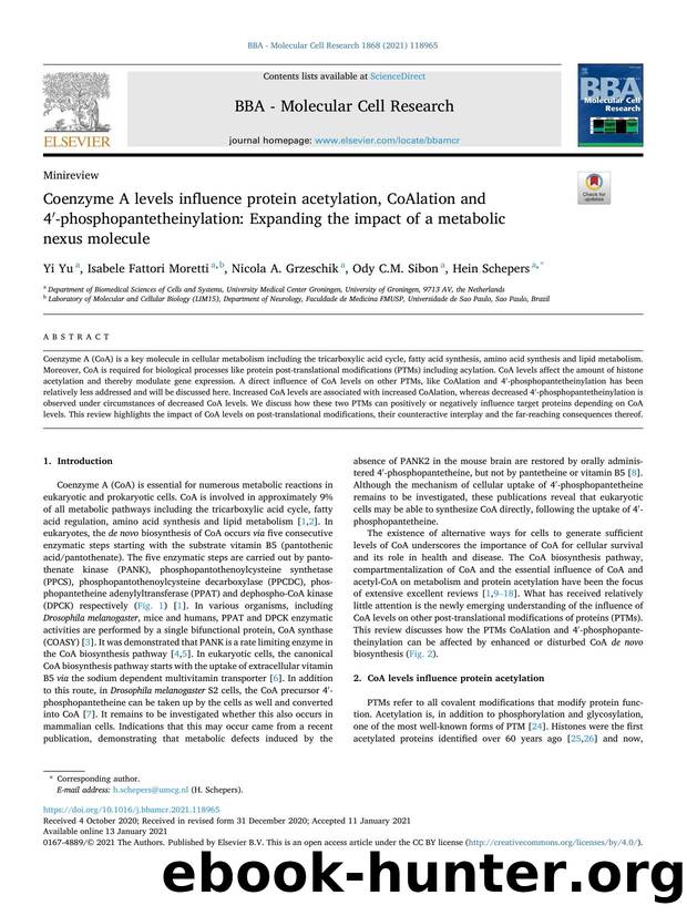 Coenzyme A levels influence protein acetylation, CoAlation and 4â²-phosphopantetheinylation: Expanding the impact of a metabolic nexus molecule by Yi Yu & Isabele Fattori Moretti & Nicola A. Grzeschik & Ody C.M. Sibon & Hein Schepers