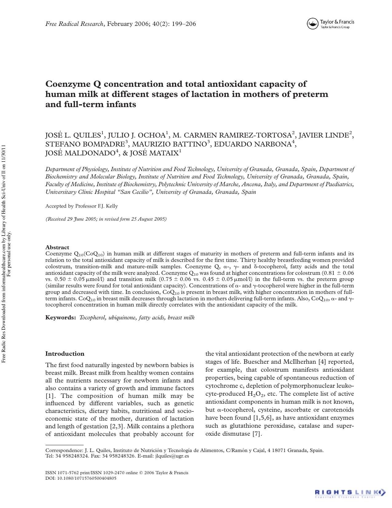 Coenzyme Q concentration and total antioxidant capacity of human milk at different stages of lactation in mothers of preterm and full-term infants by unknow