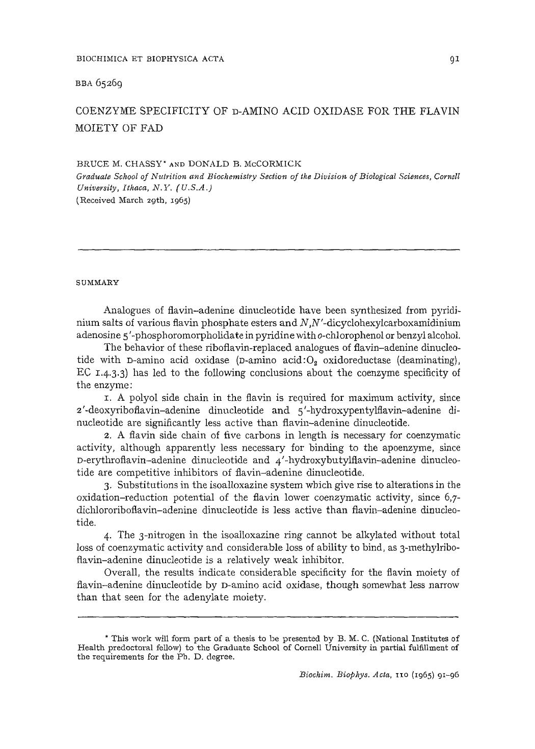 Coenzyme specificity of D-amino acid oxidase for the flavin moiety of fad by Bruce M. Chassy; Donald B. McCormick