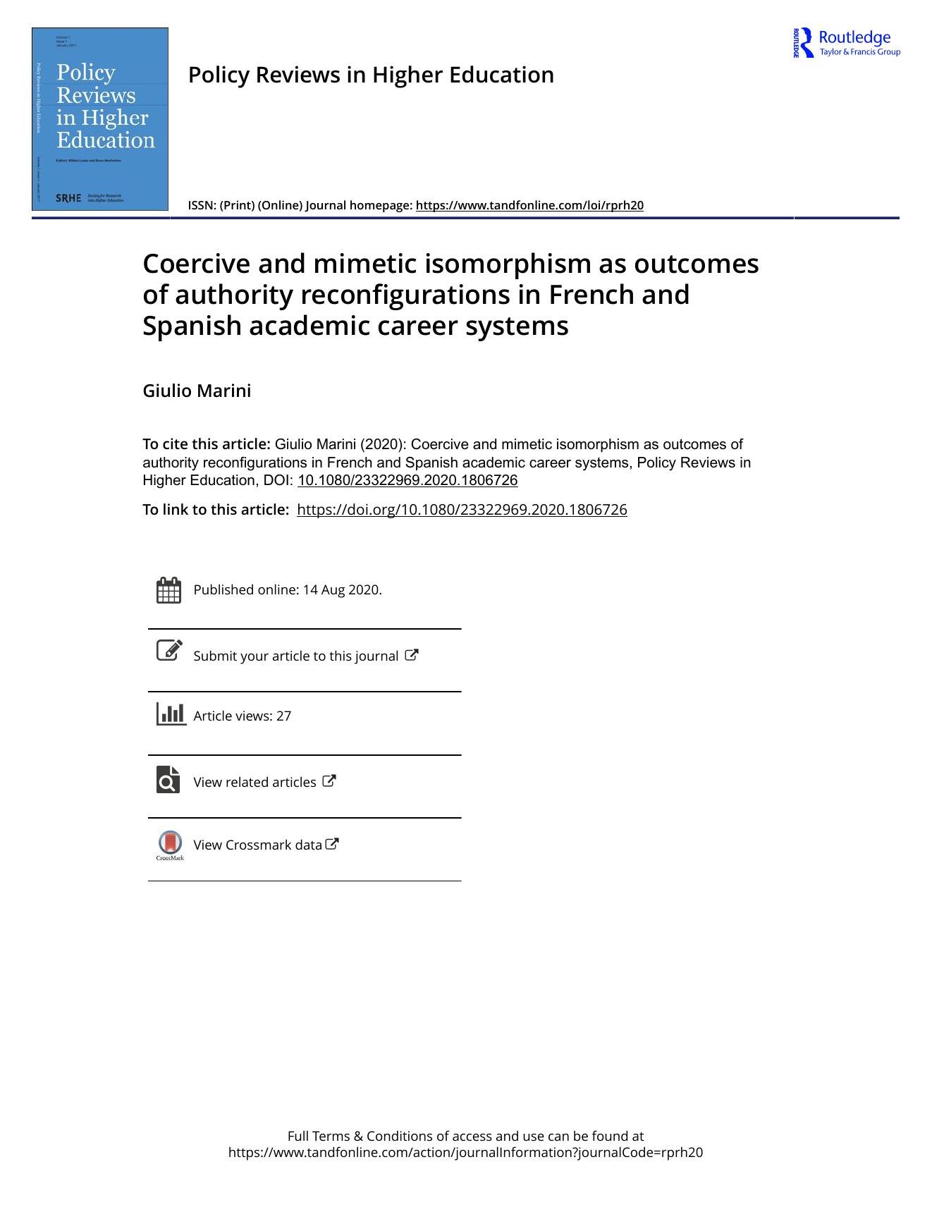 Coercive and mimetic isomorphism as outcomes of authority reconfigurations in French and Spanish academic career systems by Giulio Marini