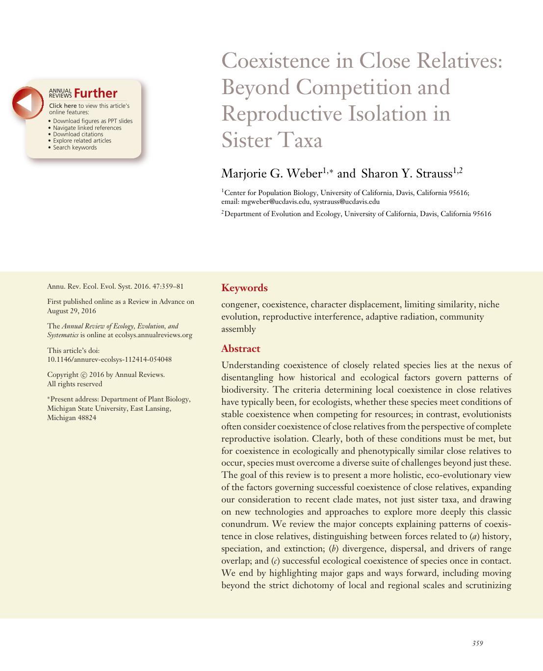 Coexistence in Close Relatives: Beyond Competition and Reproductive Isolation in Sister Taxa by Marjorie G. Weber and Sharon Y. Strauss