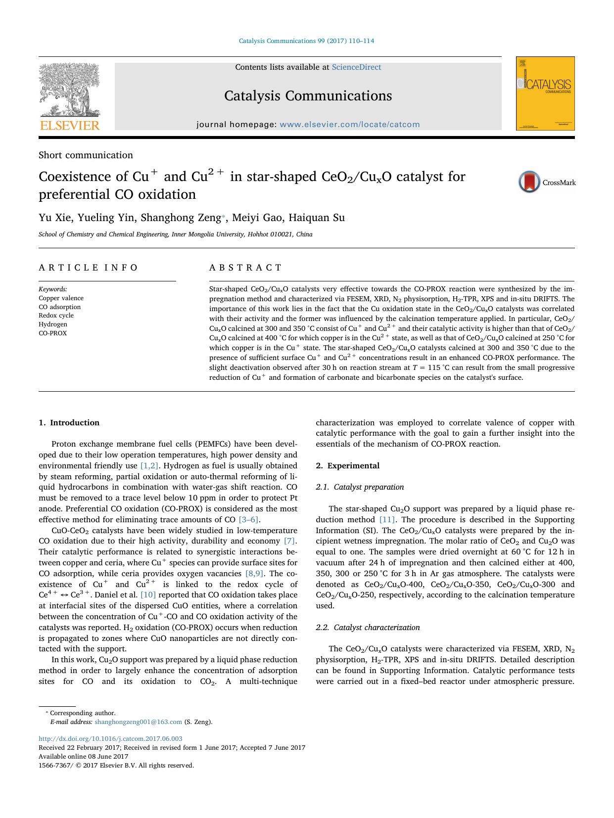 Coexistence of Cu+ and Cu2+ in star-shaped CeO2CuxO catalyst for preferential CO oxidation by Yu Xie & Yueling Yin & Shanghong Zeng & Meiyi Gao & Haiquan Su