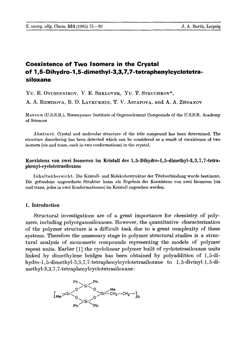 Coexistence of two isomers in the crystal of 1,5-dihydro-1,5-dimethyl-3,3,7,7-tetraphenylcyclotetrasiloxane by Unknown