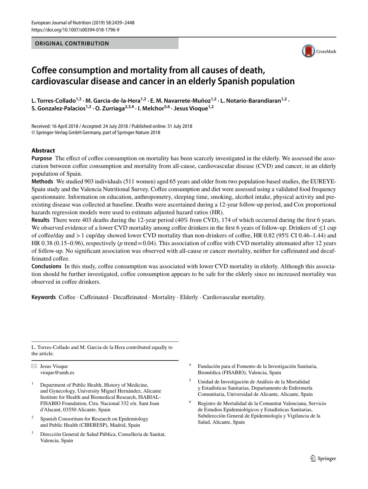 Coffee consumption and mortality from all causes of death, cardiovascular disease and cancer in an elderly Spanish population by L. Torres-Collado