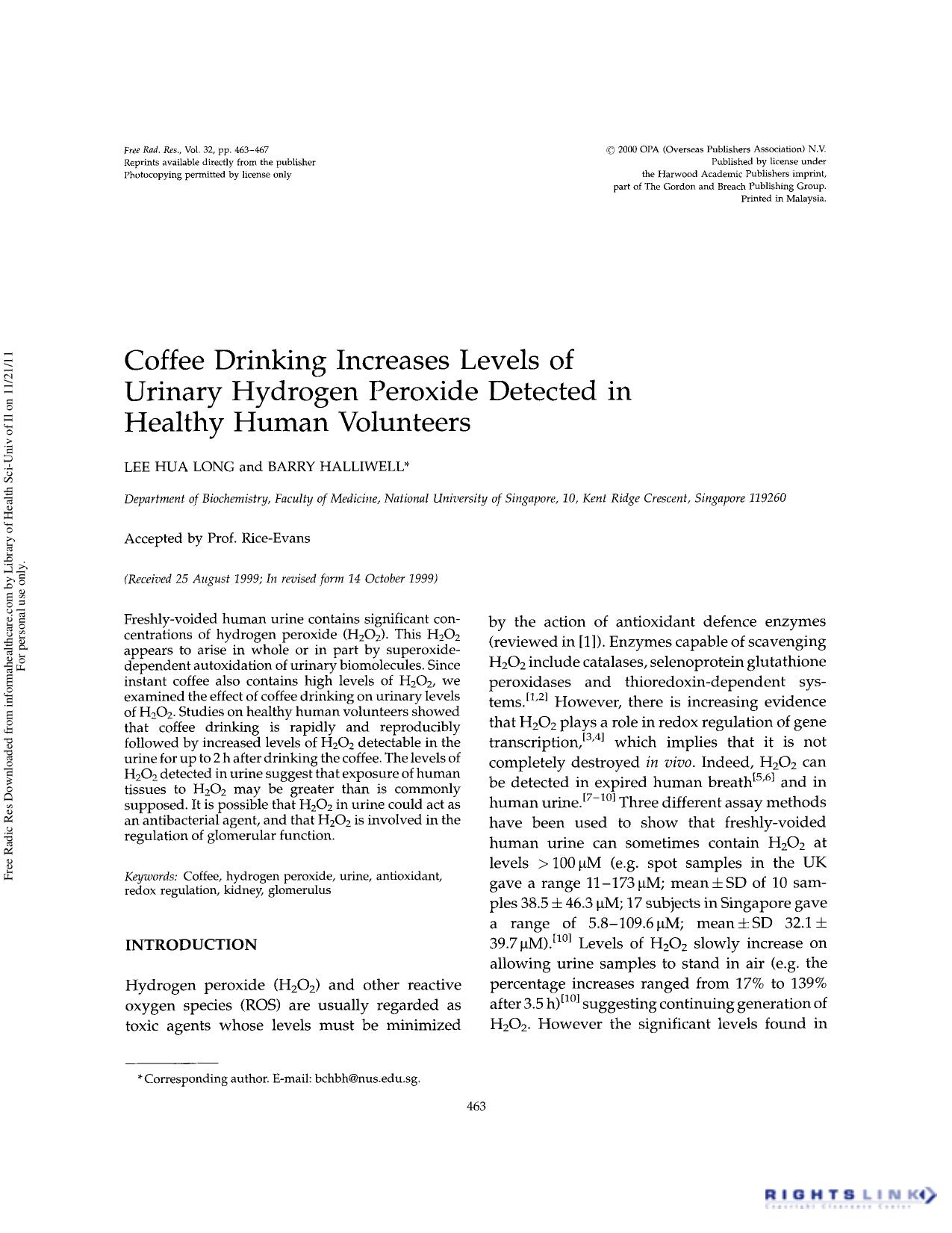 Coffee drinking increases levels of urinary hydrogen peroxide detected in healthy human volunteers by Lee Hua Long & Barry Halliwell