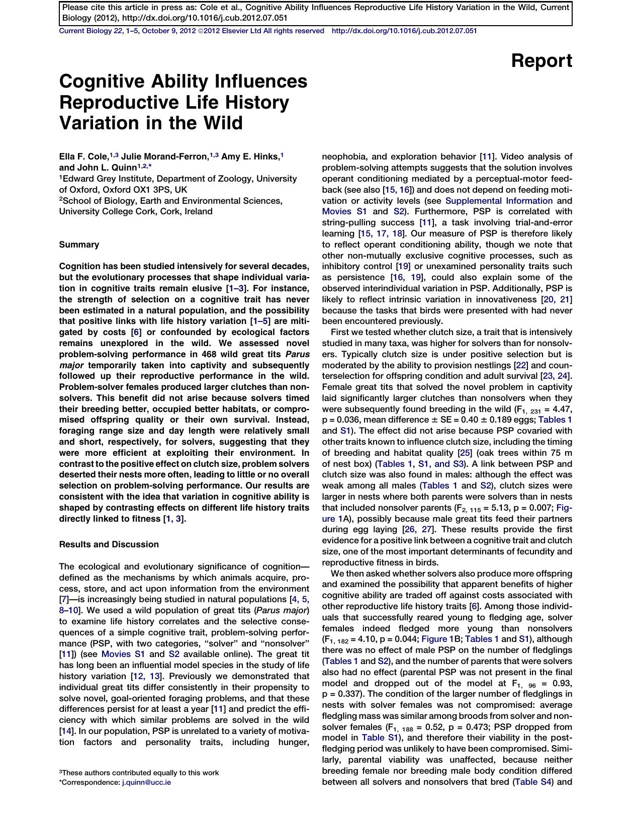 Cognitive Ability Influences Reproductive Life History Variation in the Wild by Ella F. Cole & Julie Morand-Ferron & Amy E. Hinks & John L. Quinn