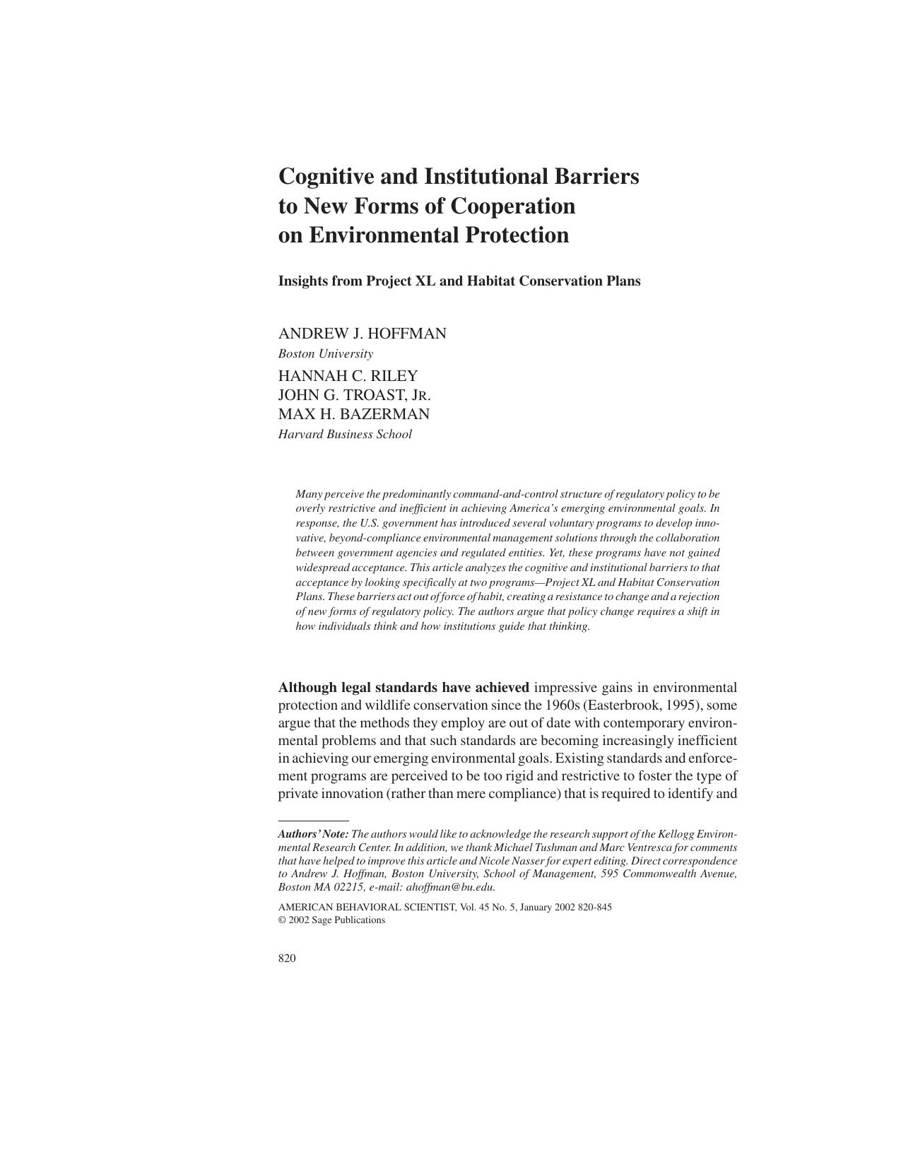 Cognitive And Institutional Barriers To New Forms Of Cooperation On Environmental Protection by Unknown