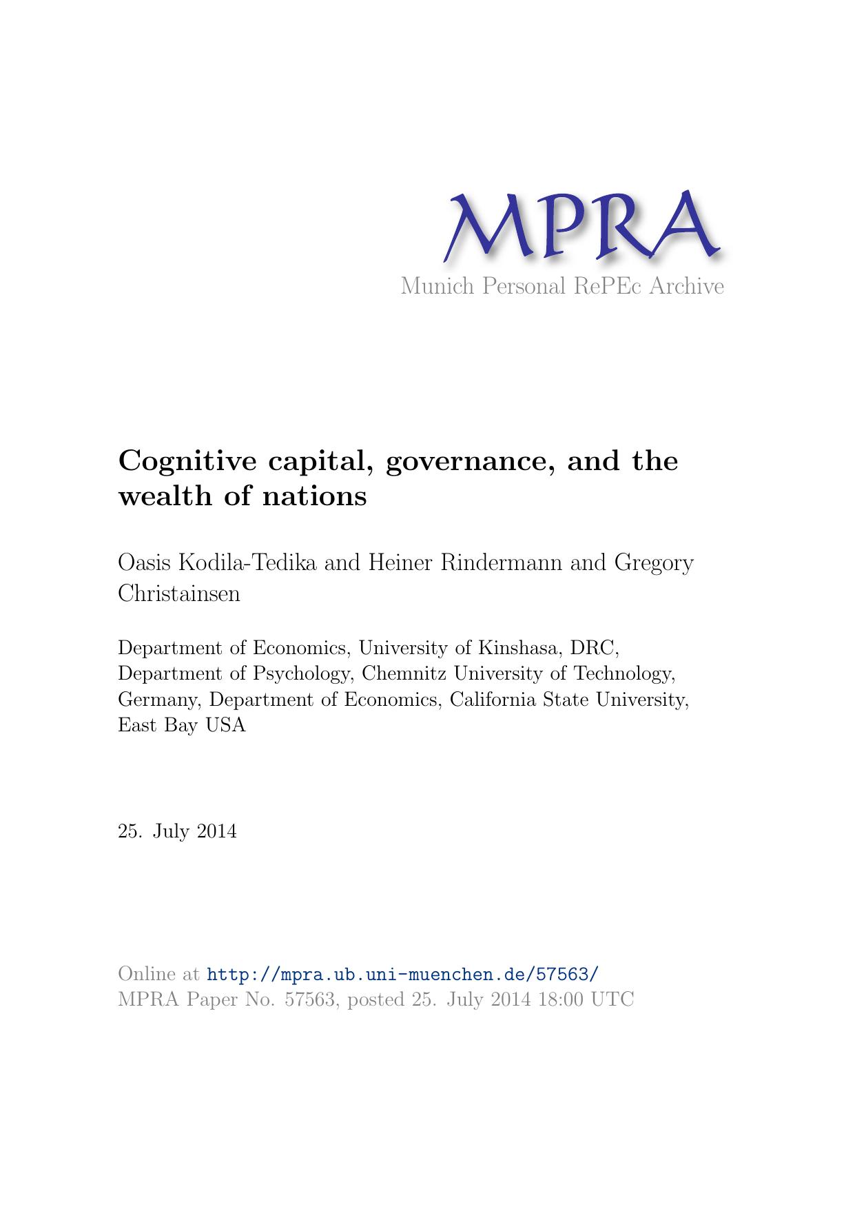 Cognitive Capital, Governance, and the Wealth of Nations [Preliminary Version] (2014) by Oasis Kodila-Tedika, Heiner Rindermann & Gregory Christainsen by Unknown