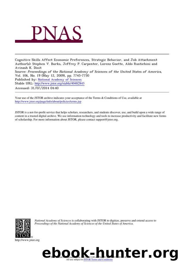 Cognitive Skills Affect Economic Preferences, Strategic Behavior, and Job Attachment by Cognitive Skills Affect Economic Preferences Strategic Behavior & Job Attachment