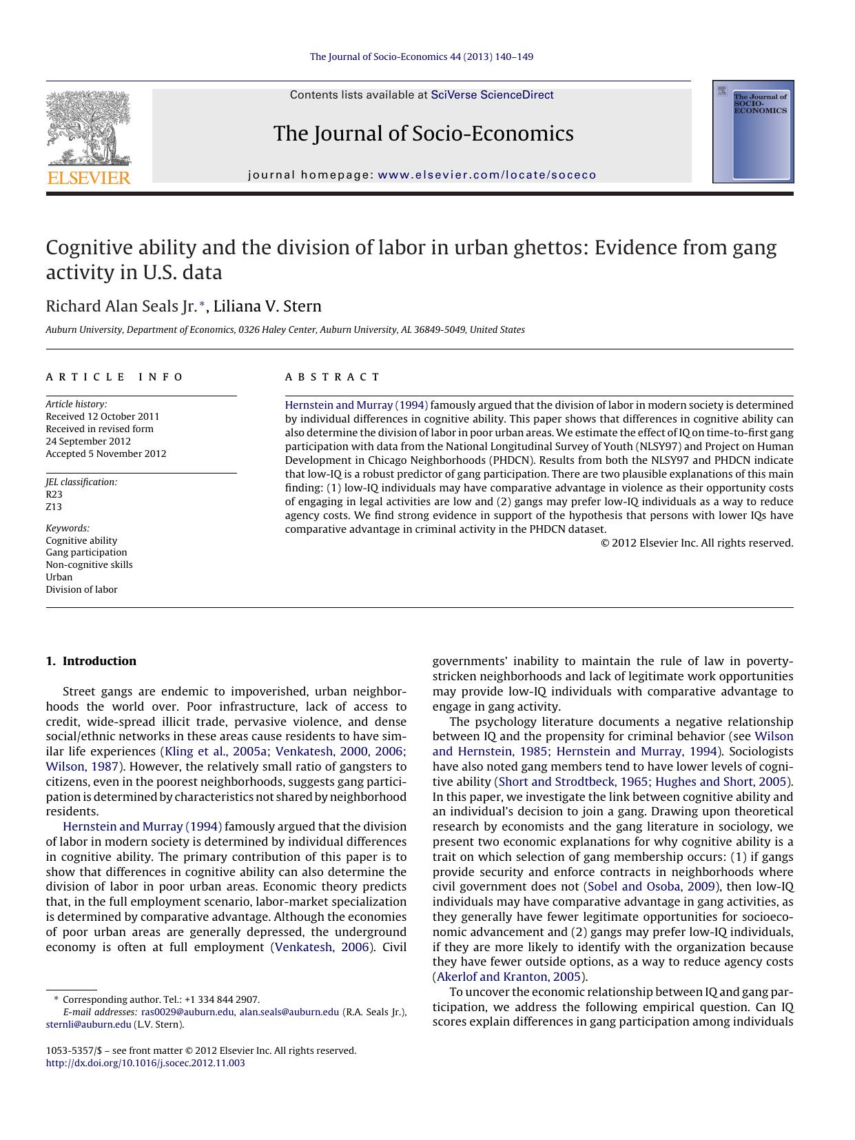 Cognitive ability and the division of labor in urban ghettos: Evidence from gang activity in U.S. data by Richard Alan Seals Jr