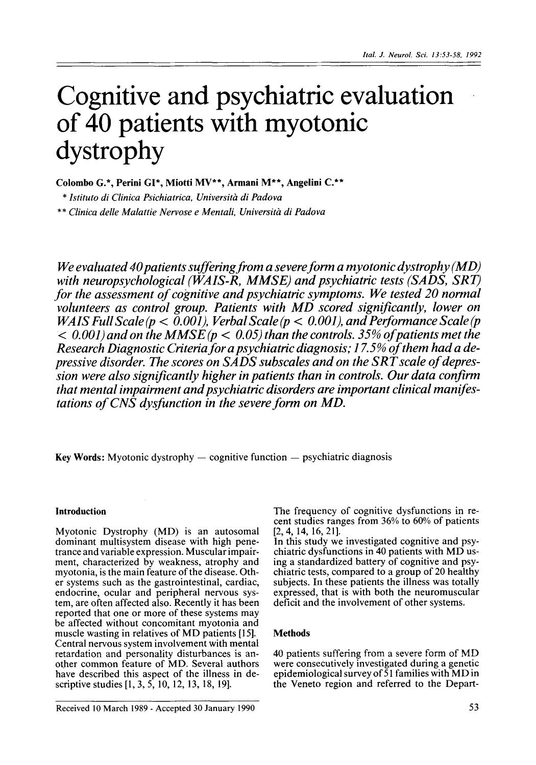 Cognitive and psychiatric evaluation of 40 patients with myotonic dystrophy by Unknown