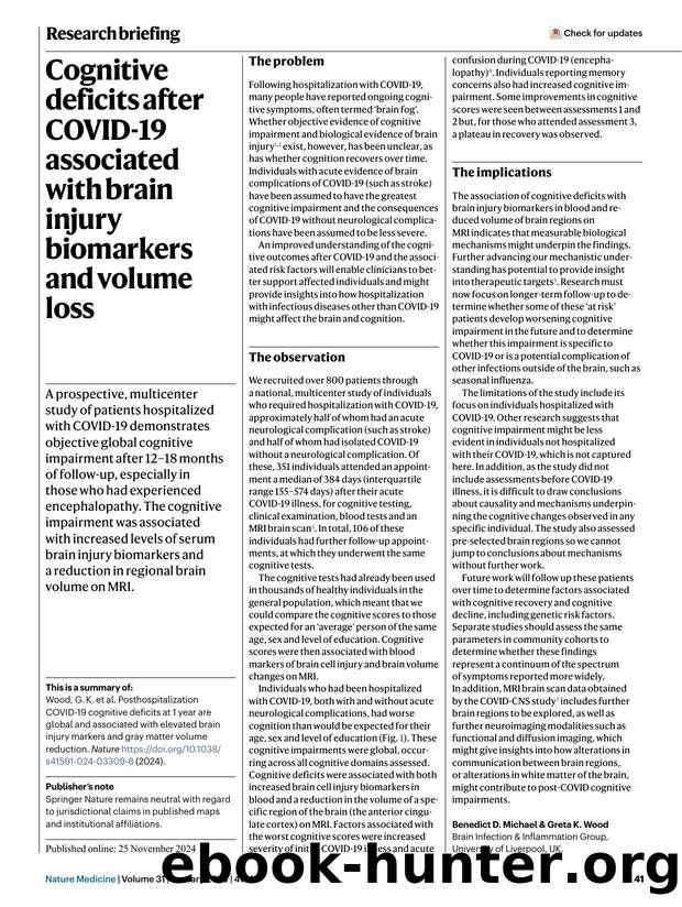 Cognitive deficits after COVID-19 associated with brain injury biomarkers and volume loss by Unknown