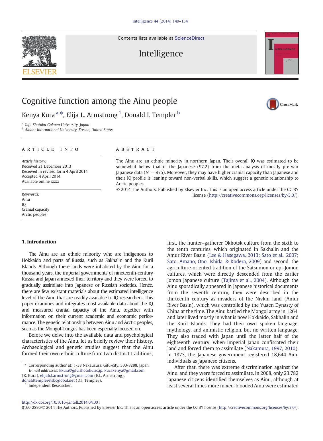 Cognitive function among the Ainu people by Kenya Kura & Elija L. Armstrong & Donald I. Templer